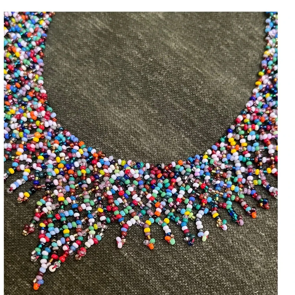 Vtg Handmade Multicolored Seed Bead‎ Fringe Collar Bib Statement Necklace Boho